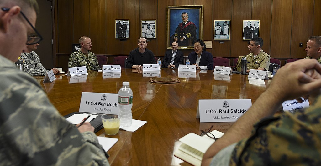 170522-N-RX668-027.NEWPORT, R.I.(May 22, 2017).Mark Zuckerberg (center left), founder and chief executive officer of Facebook, and his wife Priscilla Chan (center right), meet with select U.S. Naval War College (NWC) students during a visit to NWC in Newport, Rhode Island. .(U.S. Navy photo by Mass Communication Specialist 2nd Class Jess Lewis/released)