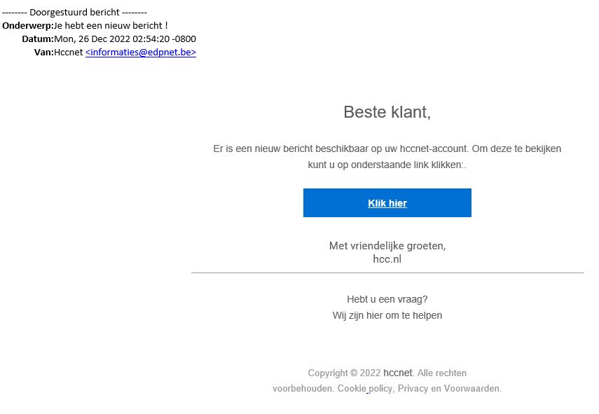 Phishing melding van HCCnet